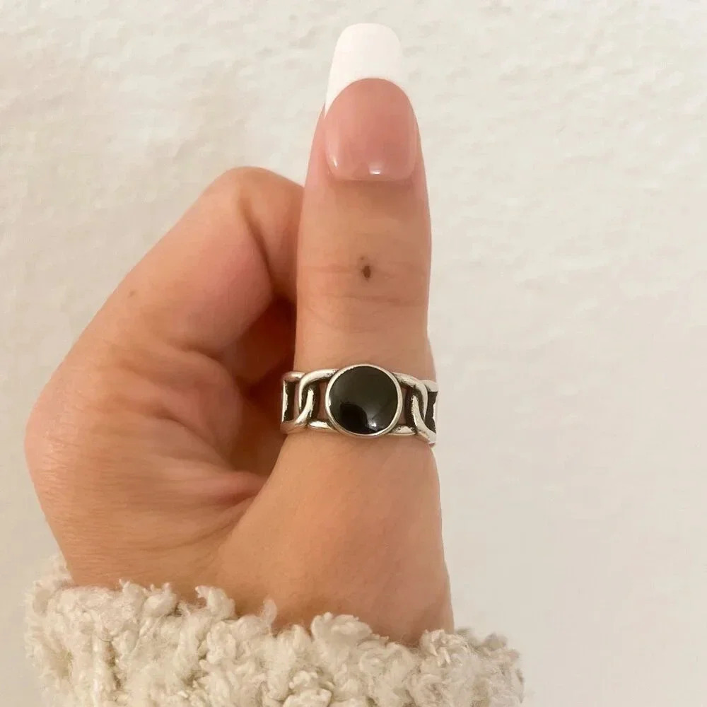 925 Sterling Silver Black Circle Ring Curb Link Ring Chain Link Ring Modern Ring - Picture 8 of 9